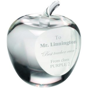 image showing glass apple paperweight with glass engraving text