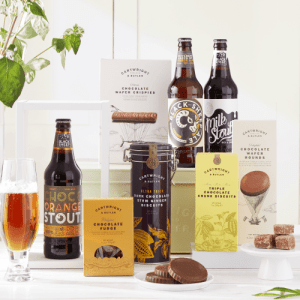 Image showing the contents of the chocolate and beer hamper laid out on a kitchen table