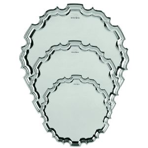 Image showing all 3 hallmarked silver trays from the Chippendale range arranged one on top of the other against white background
