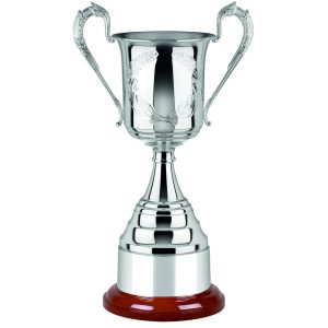 Image showing nickel plated trophy cup with hand chased laurel wreath pattern design