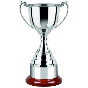 Image showing nickel plated trophy cup from 1 series revolution award range with rosewood base