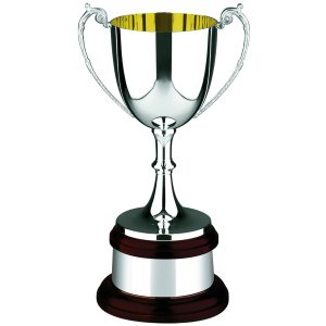 Image showing luxury silver plated 12.25 inch trophy cup with gold plating inside on mahogany base