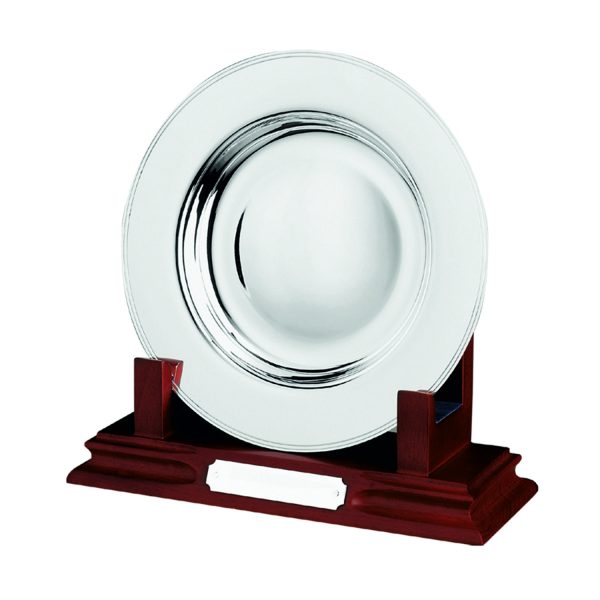 Image showing silver plated Elizabethan tray on luxury TS5 wooden stand with engraving plaque
