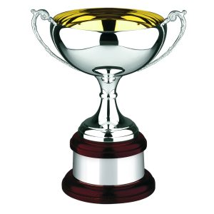 Image showing silver plated luxury trophy cup with gold plating inside on mahogany wooden base