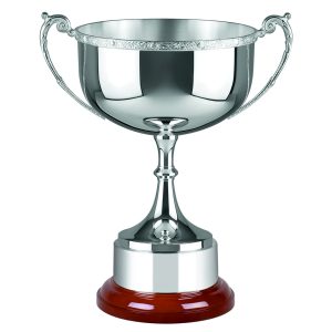 Image showing celtic style silver plated trophy cup with wide cup face on rosewood base