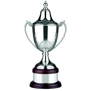 Image showing Swatkins hand chased silver plated trophy cup from Cotswold award range with floral pattern