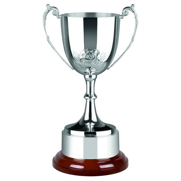 Image showing silver plated trophy cup with hand chased English Rose design on cup face