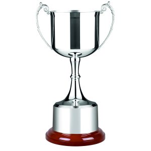 Image showing silver plated trophy cup with wide cup face on rosewood base