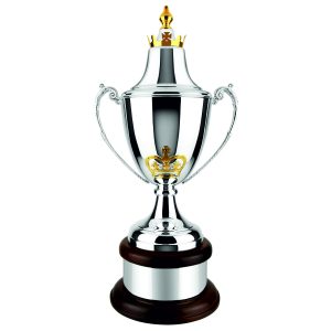 Image showing silver and gold plated trophy cup with hand chased regal crown on mahogany base