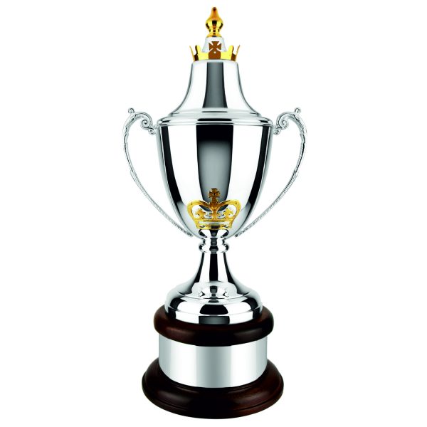 Image showing silver and gold plated trophy cup with hand chased regal crown on mahogany base